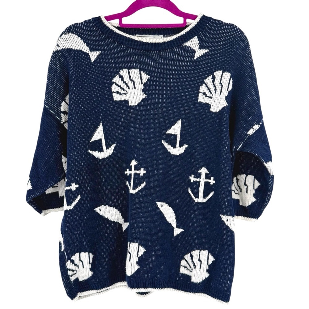 Vintage Jeric Knitwear Nautical Oversized Sweater Navy Anchor Fish Seashell